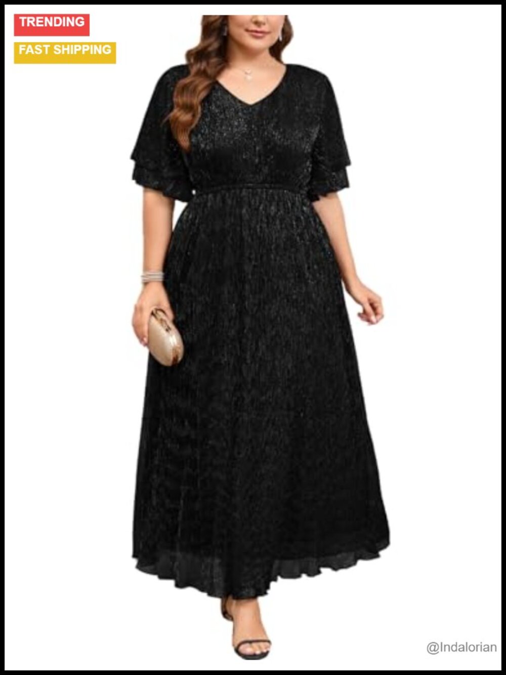 Plus Size Sparkly Mesh Maxi Formal Dress Ruffle Sleeves V Neck A-line Flow